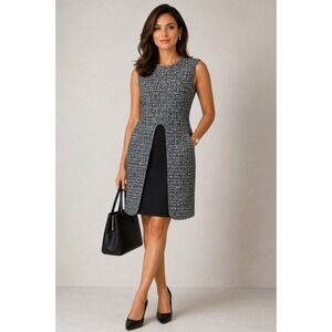 Misha Nonoo Black White Tweed Sleeveless Split Front Sheath Dress Size 6